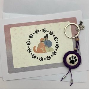 Hand Crafted Macrame Dog Paw Keychain with Handmade Greeting Card and Envelope